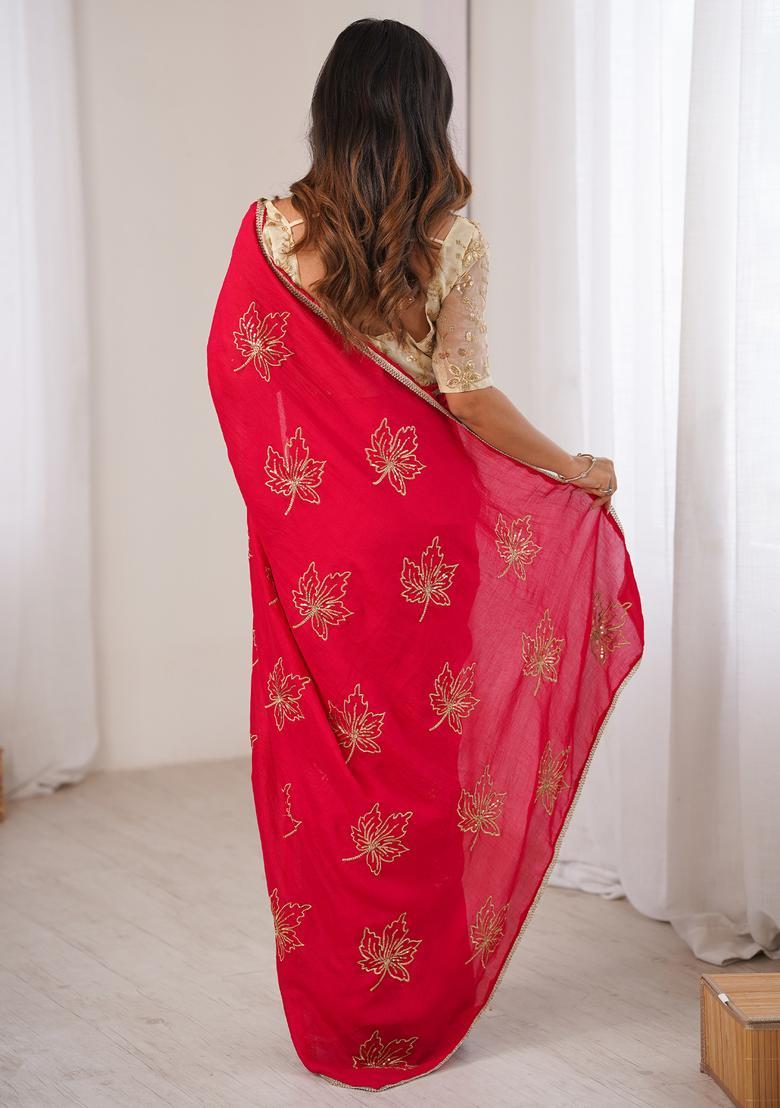 Red Embellished Silk Saree Set - Indya