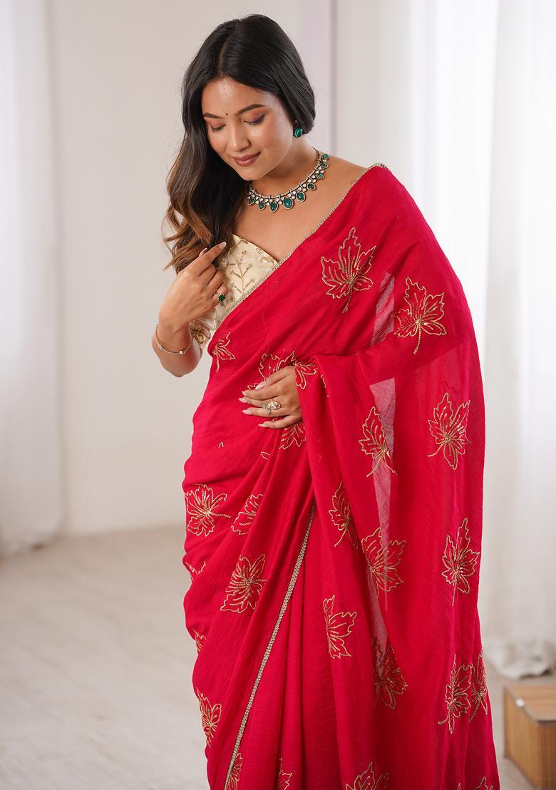 Red Embellished Silk Saree Set - Indya