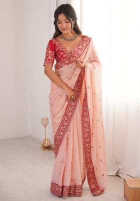 Pink Embellished Georgette Saree Set