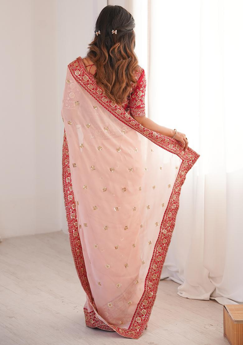 Pink Embellished Georgette Saree Set - Indya