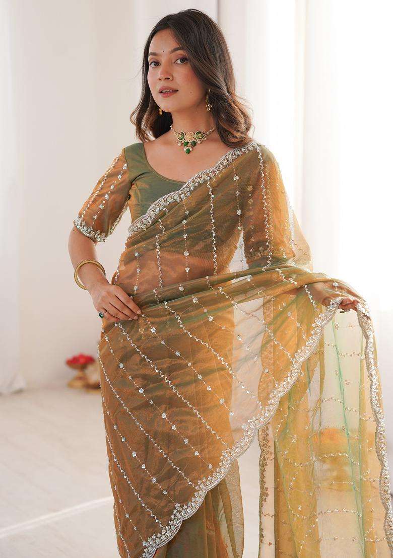 Olive Embellished Satin Saree Set for Diwali | Wedding & Festive Wear - Indya
