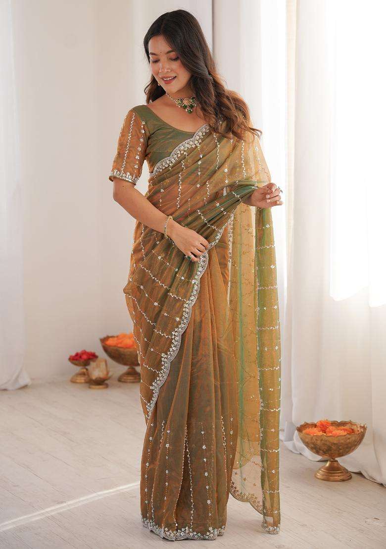 Olive Embellished Satin Saree Set for Diwali | Wedding & Festive Wear - Indya