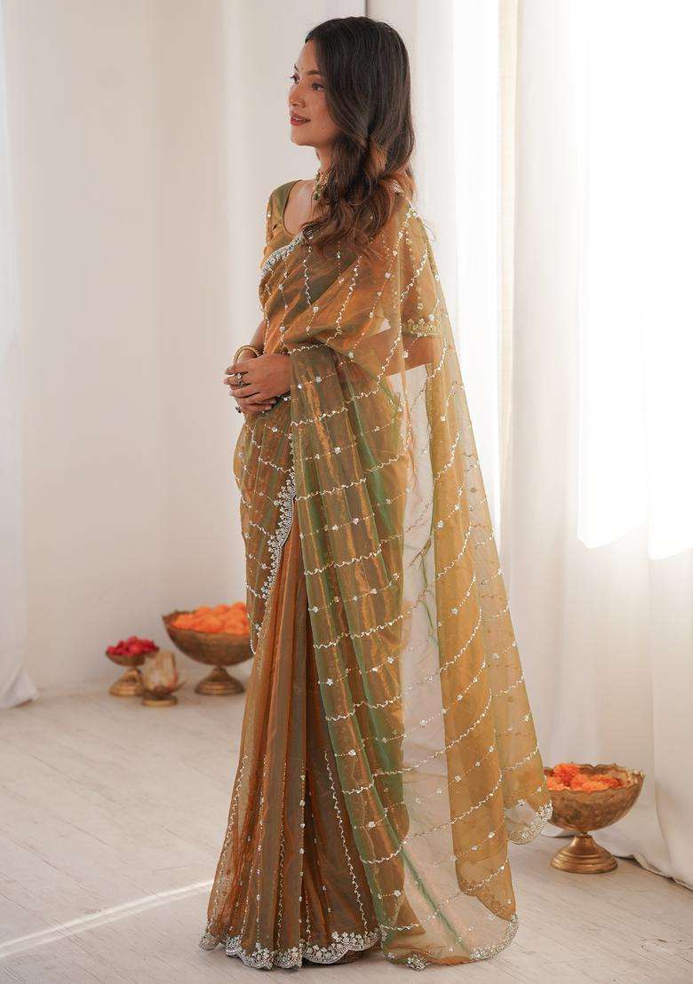 Olive Embellished Satin Saree Set for Diwali | Wedding & Festive Wear - Indya
