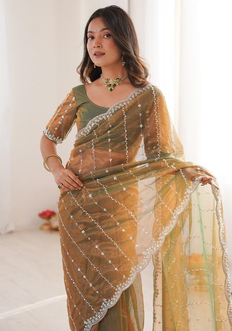 Olive Embellished Satin Saree Set for Diwali | Wedding & Festive Wear