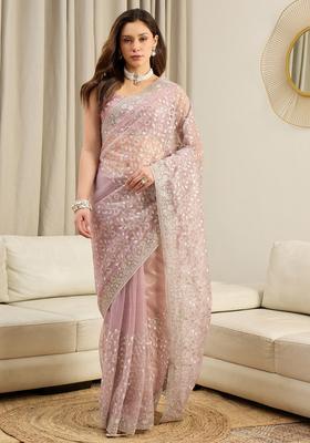Lavender Embellished Net Saree Set