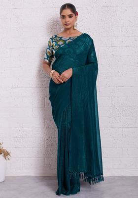 Teal Green Solid Tissue Saree Set