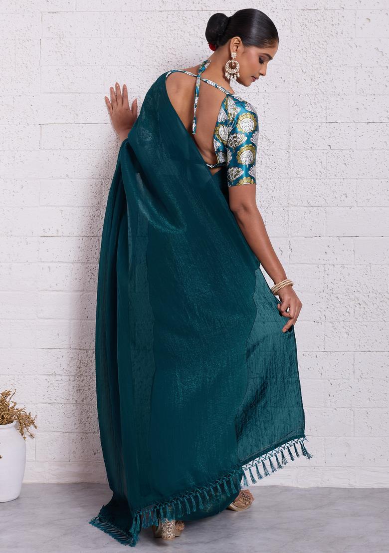 Teal Green Solid Tissue Saree Set - Indya