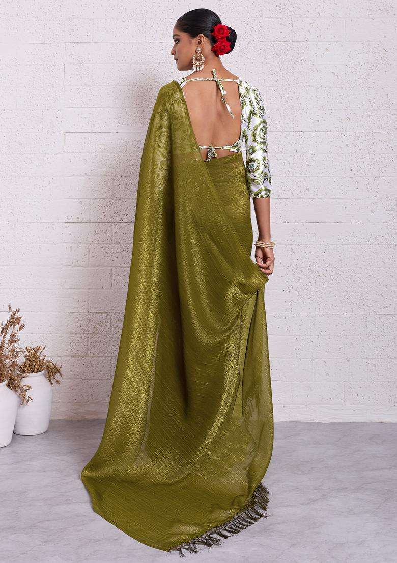 Olive Solid Tissue Saree Set - Indya