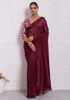 Maroon Solid Tissue Saree Set