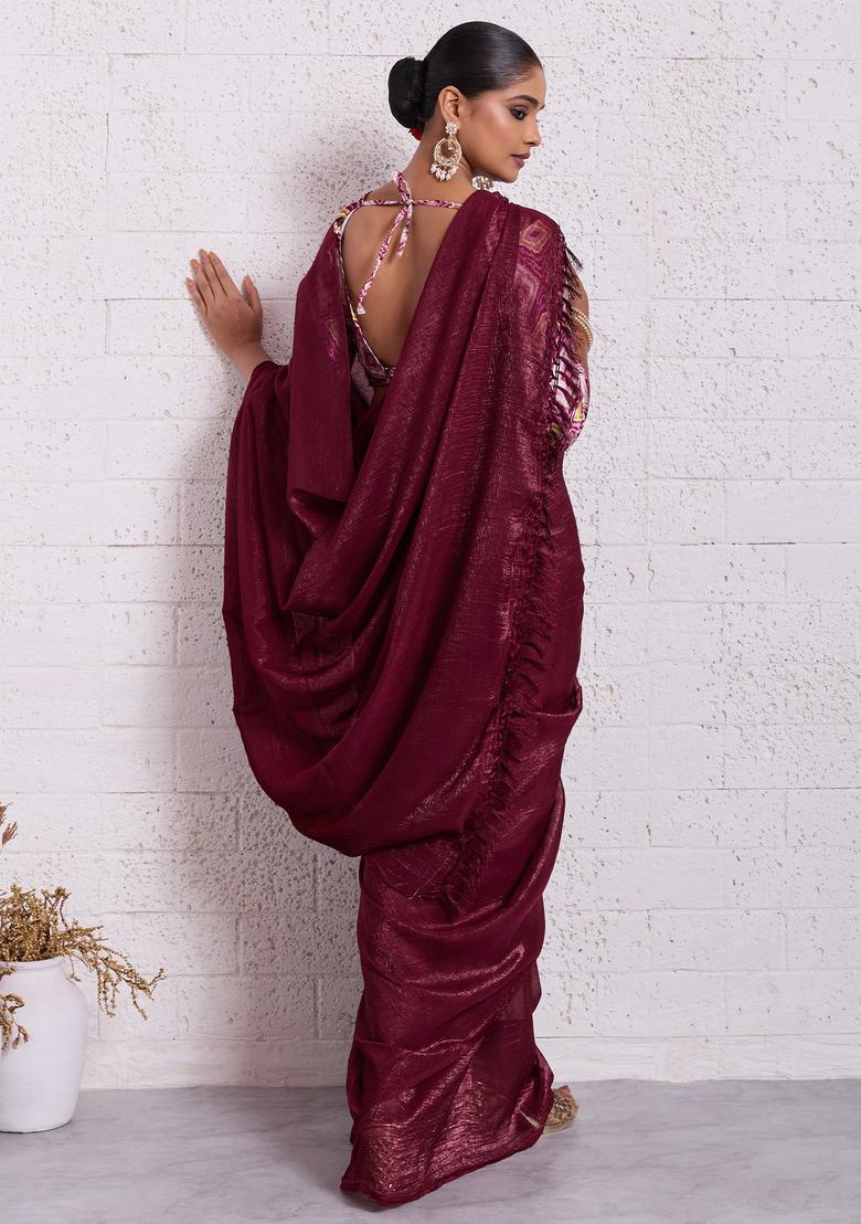 Maroon Solid Tissue Saree Set - Indya