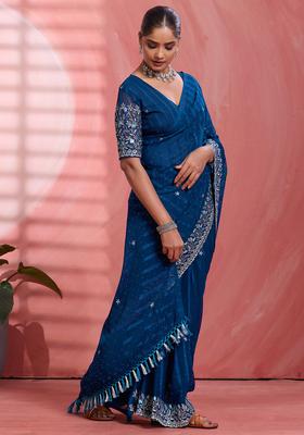 Teal Blue Embellished Chiffon Saree Set