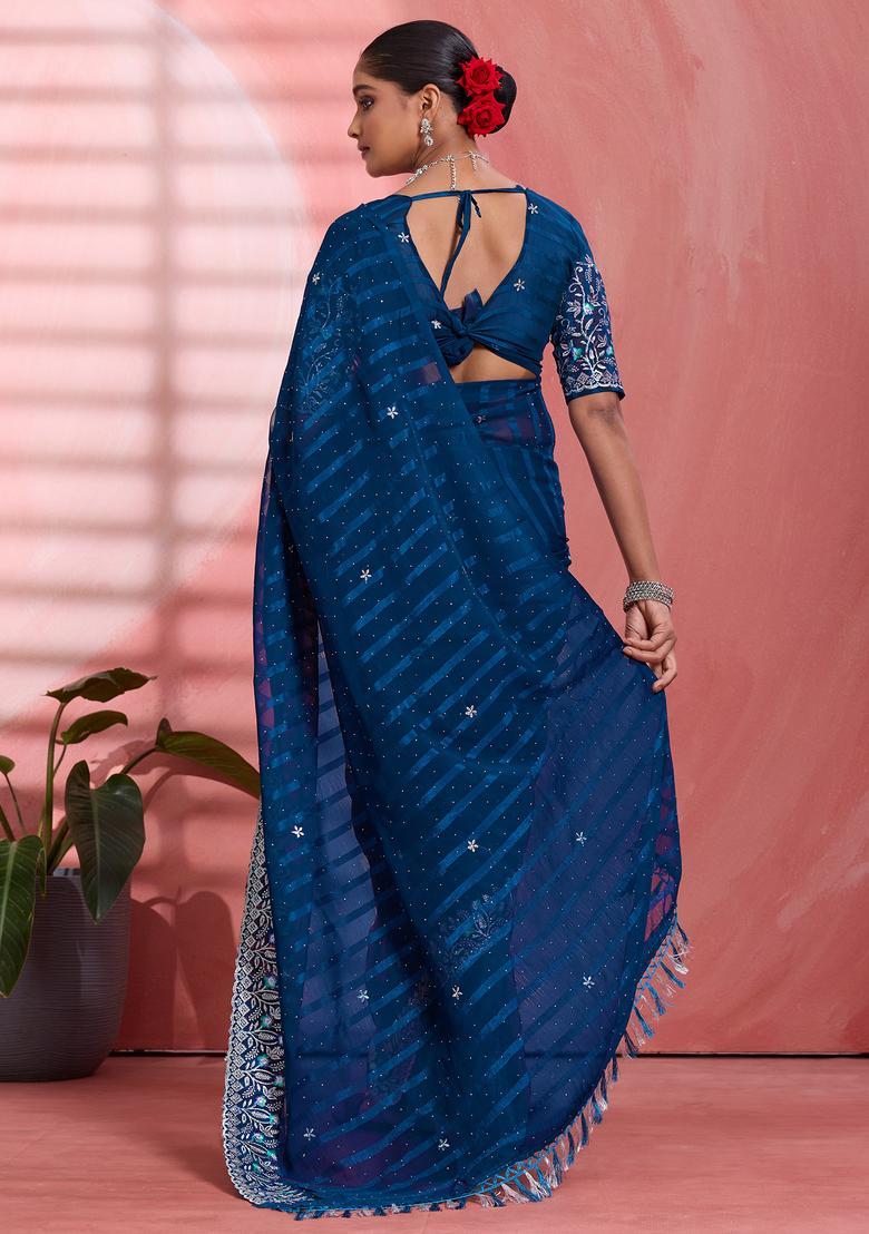 Teal Blue Embellished Chiffon Saree Set - Indya