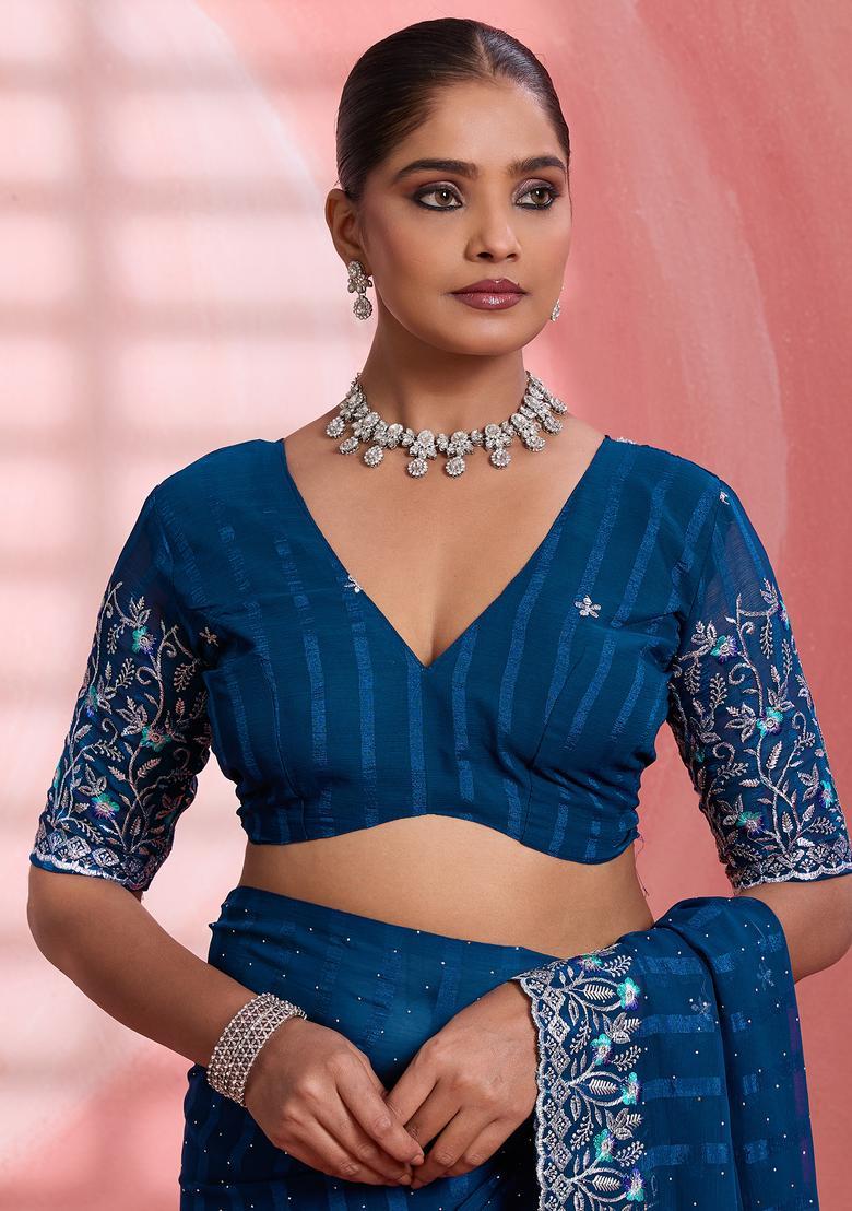Teal Blue Embellished Chiffon Saree Set - Indya