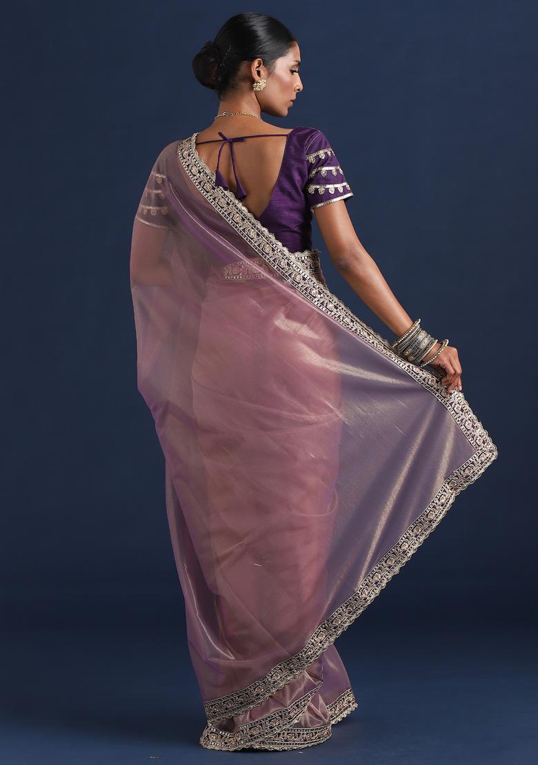 Lavender Embellished Net Saree Set - Indya