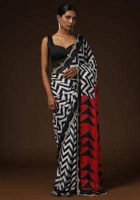 White Printed Georgette Saree Set