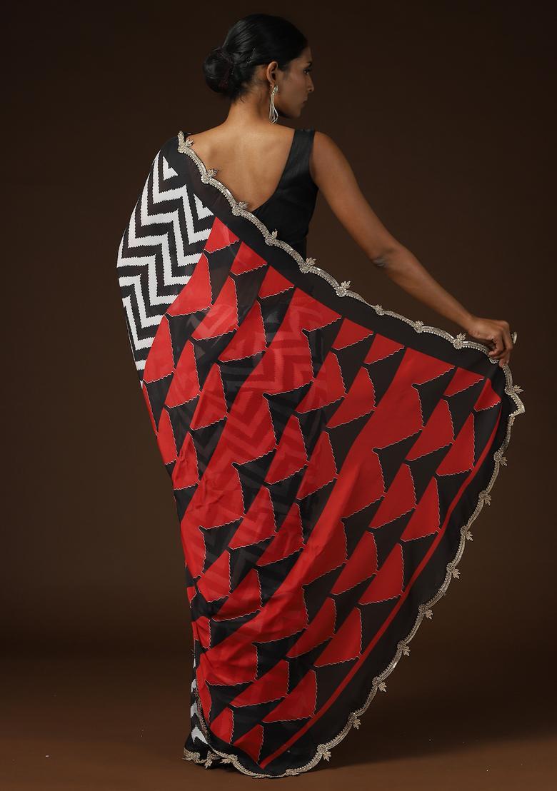 White Printed Georgette Saree Set - Indya