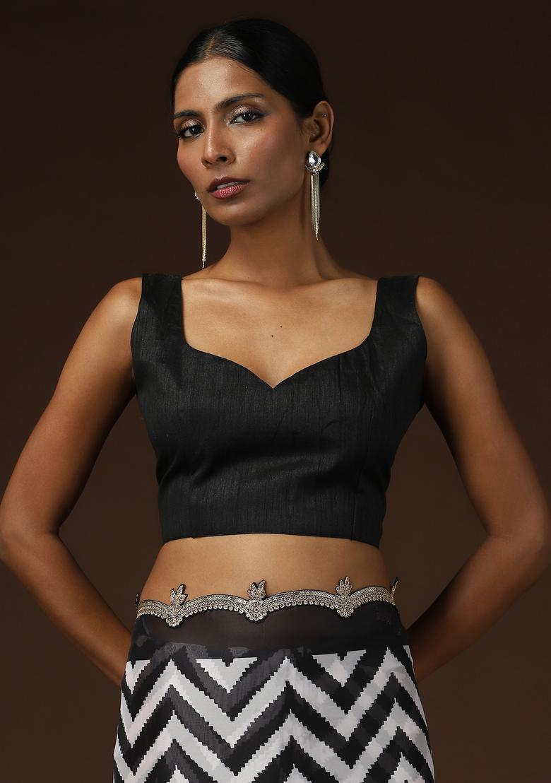 White Printed Georgette Saree Set - Indya