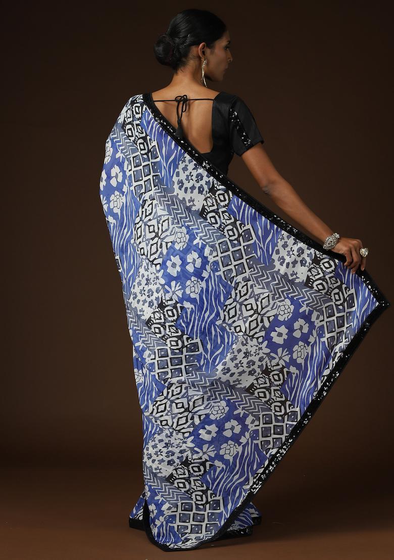 Light Blue Printed Georgette Saree Set - Indya