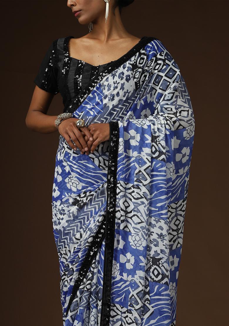 Light Blue Printed Georgette Saree Set - Indya
