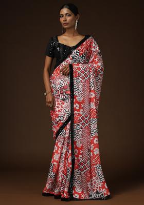 Orange Printed Georgette Saree Set