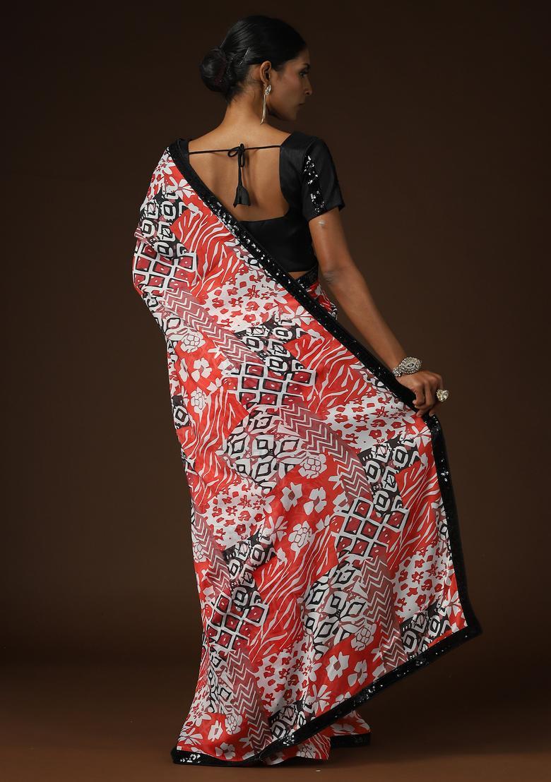 Orange Printed Georgette Saree Set - Indya