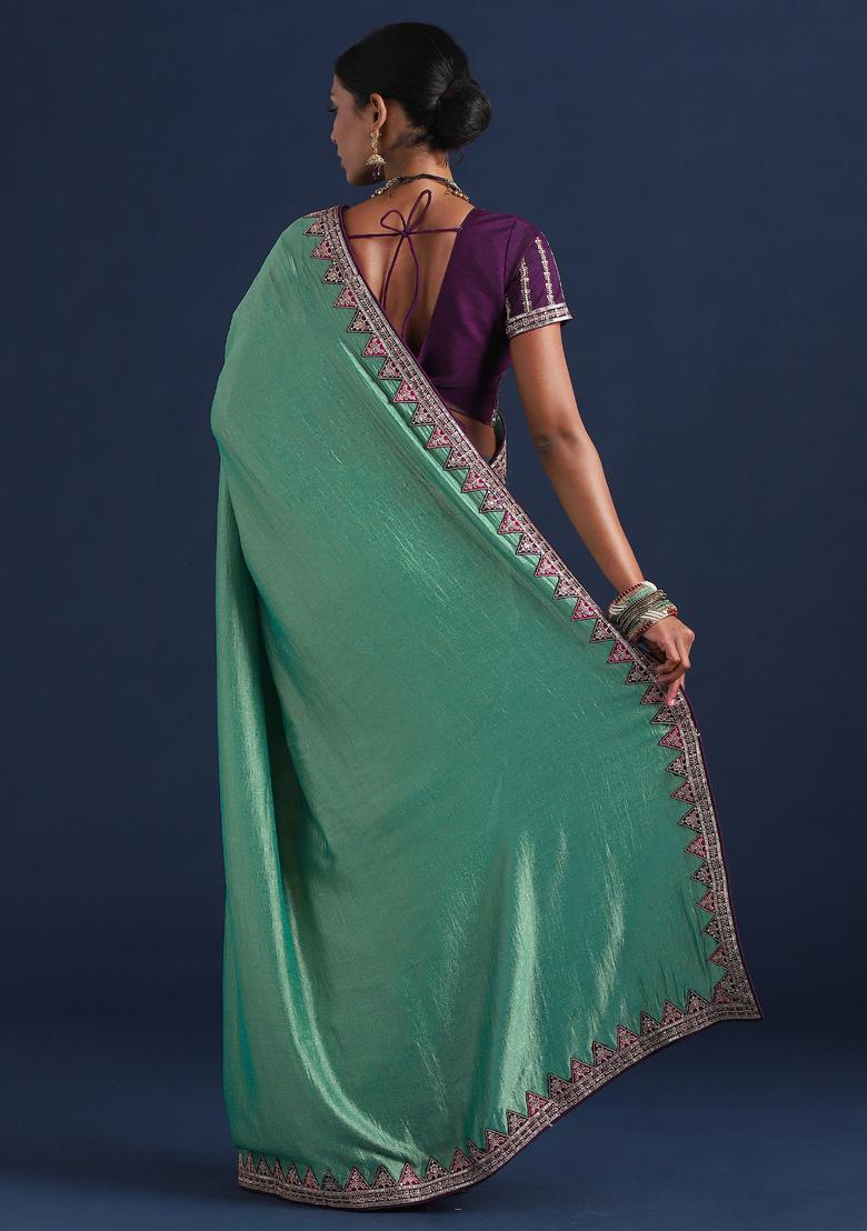 Sea Green Embellished Silk Saree Set - Indya