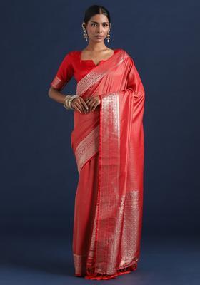 Red Woven Design Silk Saree Set