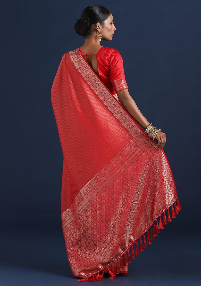Red Woven Design Silk Saree Set - Indya