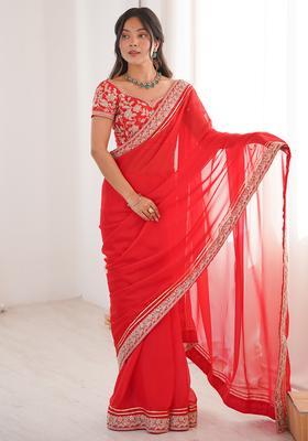 Red Embellished Georgette Saree Set