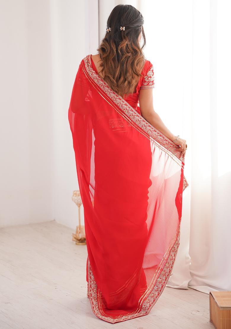 Red Embellished Georgette Saree Set - Indya