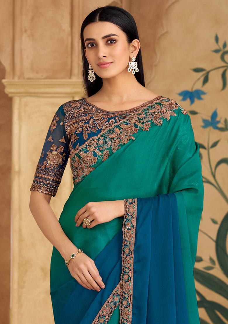 Teal Green Embellished Chiffon Saree Set - Indya