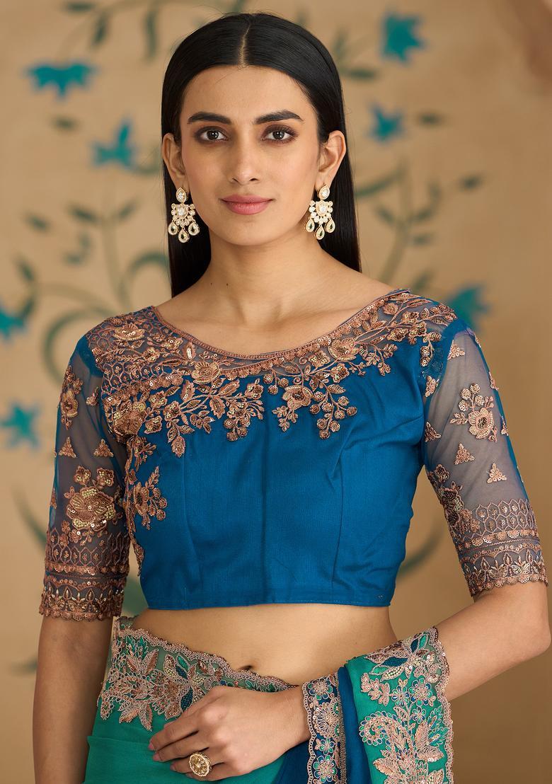 Teal Green Embellished Chiffon Saree Set - Indya