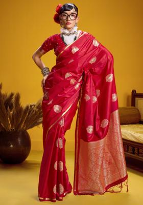Red Woven Design Silk Saree Set