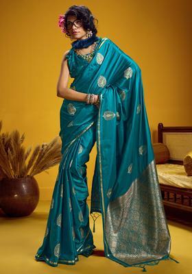 Light Blue Woven Design Silk Saree Set