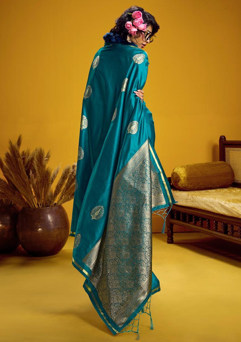 Light Blue Woven Design Silk Saree Set - Indya