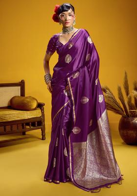 Purple Woven Design Silk Saree Set