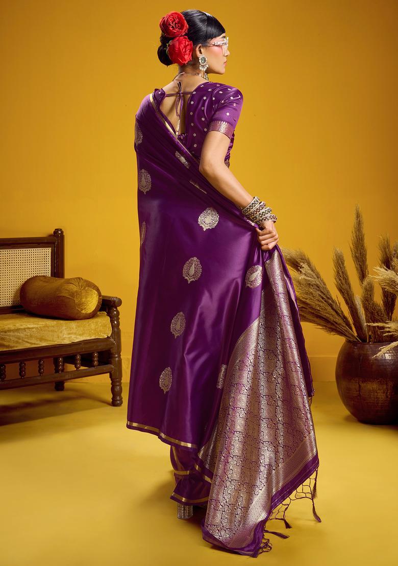 Purple Woven Design Silk Saree Set - Indya