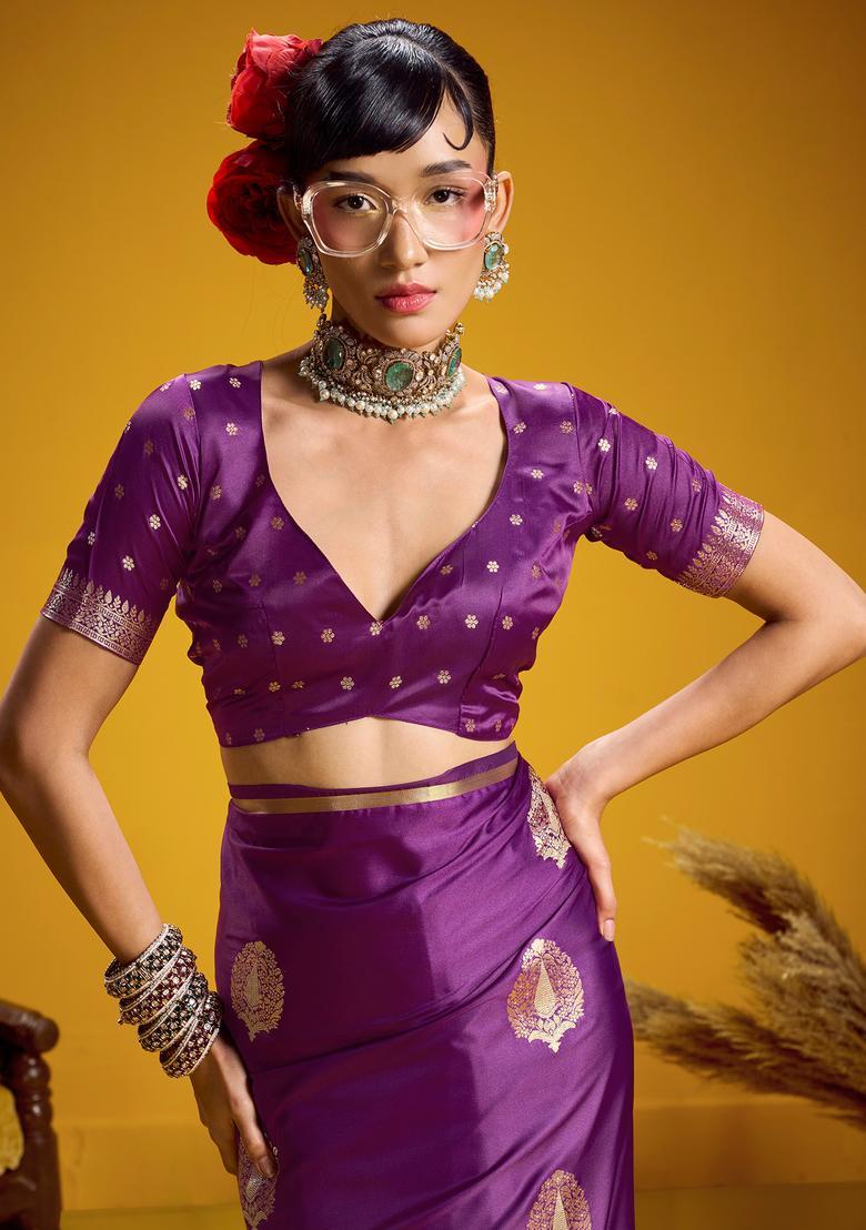 Purple Woven Design Silk Saree Set - Indya