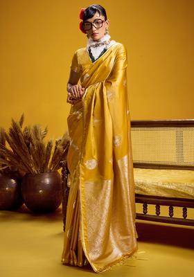 Mustard Woven Design Silk Saree Set