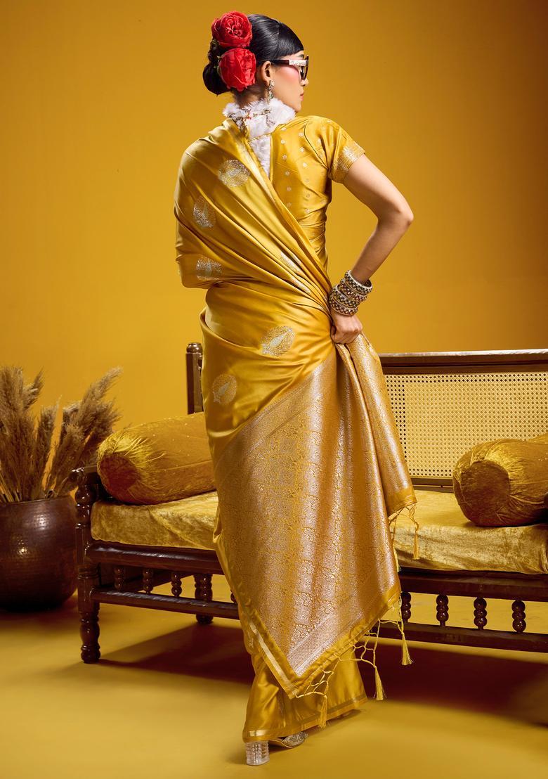 Mustard Woven Design Silk Saree Set - Indya
