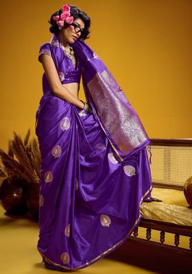 Purple Woven Design Silk Saree Set