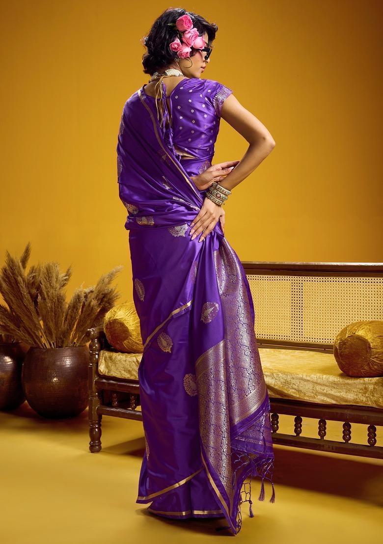 Purple Woven Design Silk Saree Set - Indya