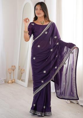 Purple Embellished Georgette Saree Set