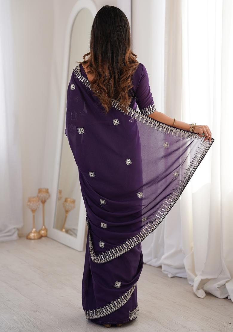 Purple Embellished Georgette Saree Set - Indya