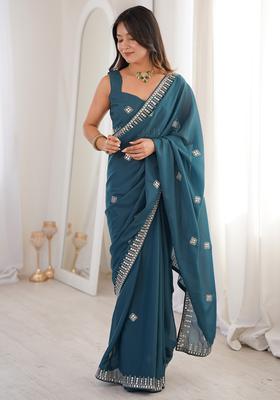 Teal Blue Embellished Georgette Saree Set