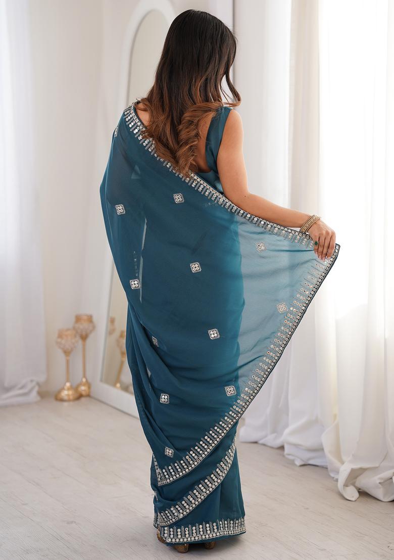 Teal Blue Embellished Georgette Saree Set - Indya