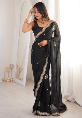 Black Embellished Georgette Saree Set