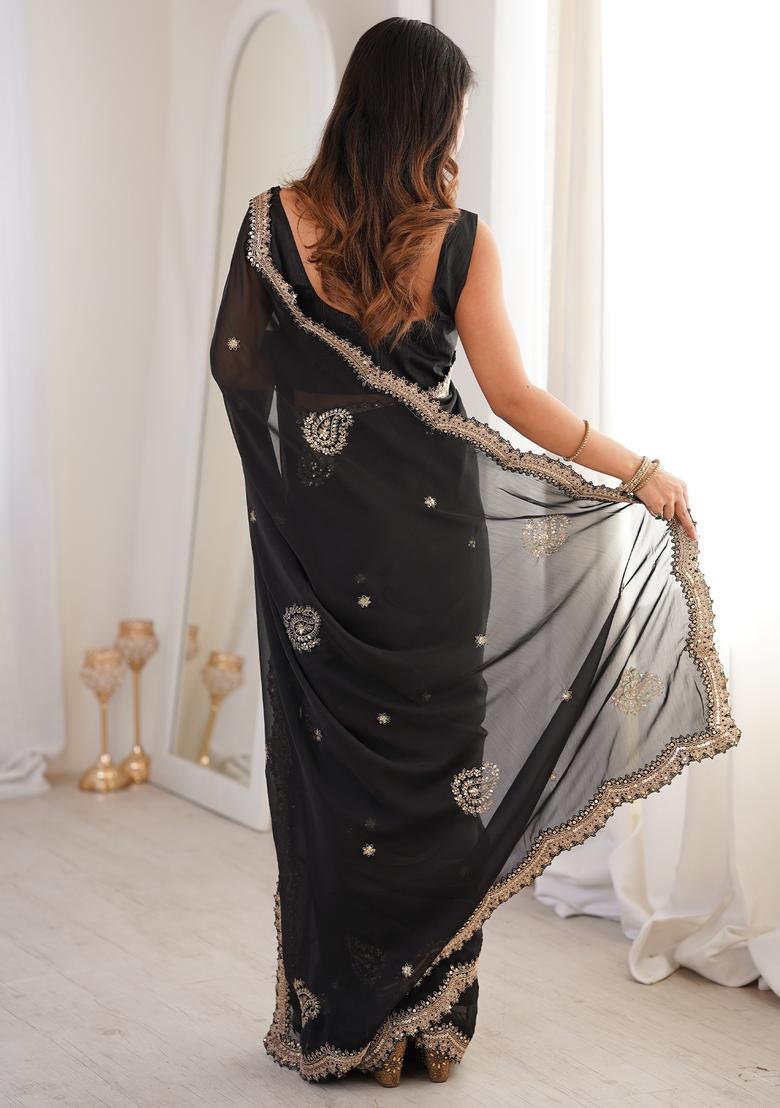 Black Embellished Georgette Saree Set - Indya