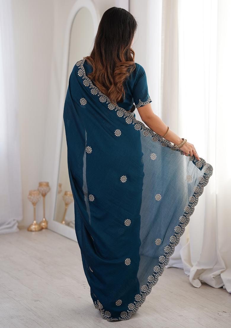 Teal Blue Embellished Silk Saree Set - Indya