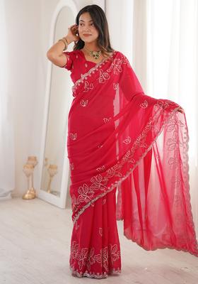 Pink Embellished Georgette Saree Set